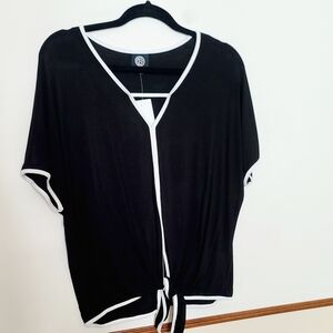 Black Shirt Top Blouse; White Trim; Front Tie; T-shirt